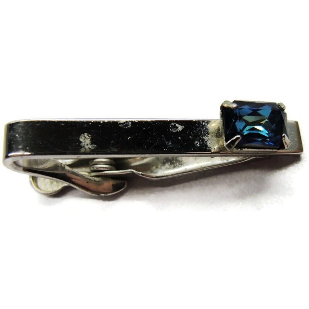 Swank Blue Rhinestone Silver Tone Vintage Tie Clip 1 1/4" Polished Classic Look
